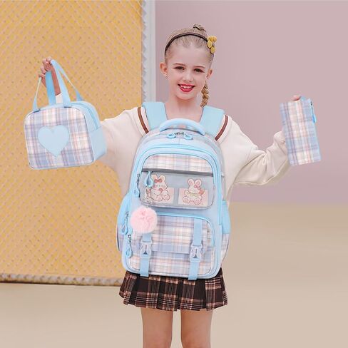 Bevalsa School Backpack for Girls, Backpack with Lunch Box Kids Girls, Cute Bookbag for Girls Kids Teens Elementary Middle High School College Student Casual Travel Daypack Children Schoolbag (Blue) in Saudi Arabia