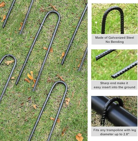 Trampolines Stakes, 8 pcs 12" U-Shape Trampoline Anchors High Wind Heavy Duty, Made of Galvanized Steel Sharp Ends Trampoline Tie Down Anchor Kit, Ground Anchors for Camping Tent, Black in Saudi Arabia