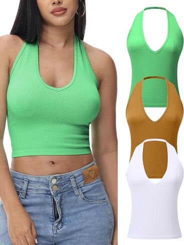 Ribbed Halter Crop Top for Woman Backless Sleeveless Seamless Sexy Tank Tops Pack in Saudi Arabia