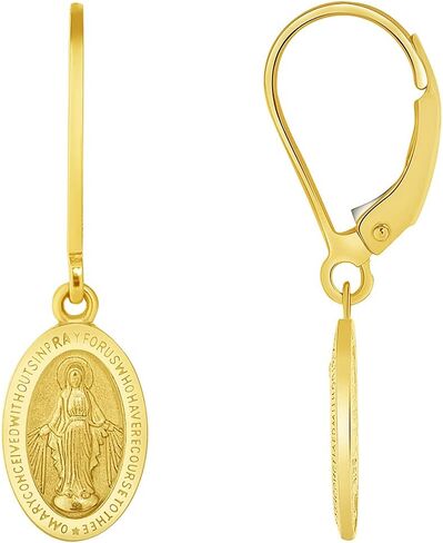 Solid 14k Yellow Gold Classic Miraculous Medallion of the Virgin Mary Dangle Drop Earrings with Leverback in Saudi Arabia