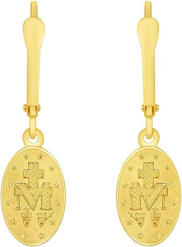 Solid 14k Yellow Gold Classic Miraculous Medallion of the Virgin Mary Dangle Drop Earrings with Leverback in Saudi Arabia