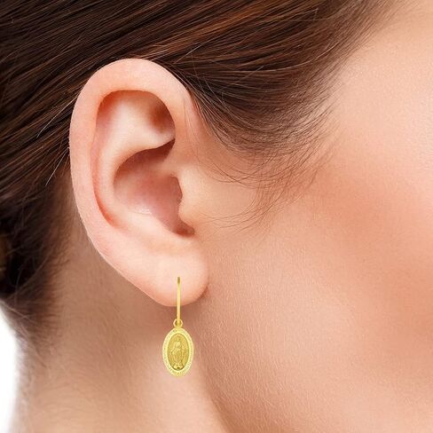 Solid 14k Yellow Gold Classic Miraculous Medallion of the Virgin Mary Dangle Drop Earrings with Leverback in Saudi Arabia