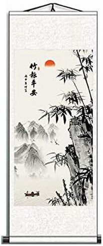 Zzooi Chinese Lucky Painting Carp Bamboo Wall Art Hanging Silk Scroll,Feng Shui Decor in Kuwait
