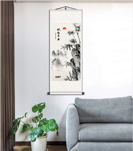 Zzooi Chinese Lucky Painting Carp Bamboo Wall Art Hanging Silk Scroll,Feng Shui Decor in Kuwait