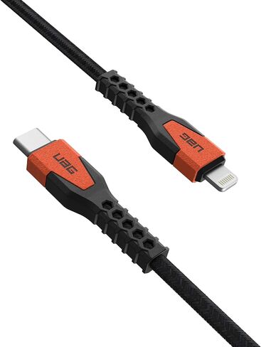 URBAN ARMOR GEAR UAG كابل USB-C متين من نوع Kevlar إلى Lightning بطول 5 أقدام/1.5 متر بقدرة 30 وات معتمد من MFi شاحن iPhone سريع معزز لهاتف iPhone 14 Pro Max وiPhone 13 والإصدارات السابقة أسود/برتقالي in Kuwait