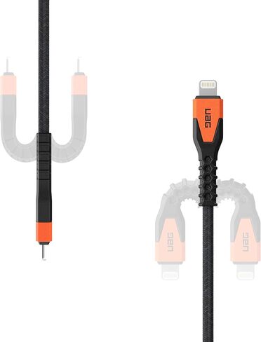URBAN ARMOR GEAR UAG كابل USB-C متين من نوع Kevlar إلى Lightning بطول 5 أقدام/1.5 متر بقدرة 30 وات معتمد من MFi شاحن iPhone سريع معزز لهاتف iPhone 14 Pro Max وiPhone 13 والإصدارات السابقة أسود/برتقالي in Kuwait