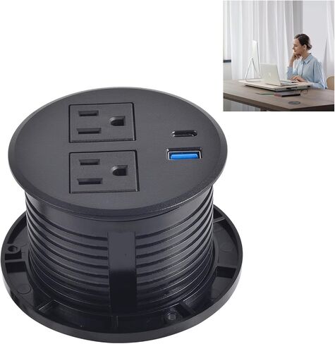 Desktop Power Grommet with PD 20W USB C Fast Charing, Desk Flush Mount Power Strip Recessed Power Grommet with 2 AC Plugs Dual USB for Office Contertop Cabinet Kitchen (Black with USB C) in Saudi Arabia