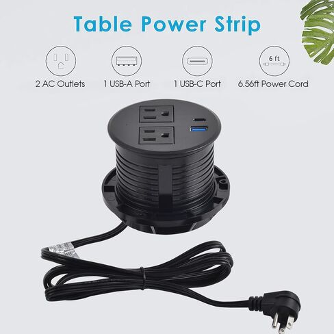 Desktop Power Grommet with PD 20W USB C Fast Charing, Desk Flush Mount Power Strip Recessed Power Grommet with 2 AC Plugs Dual USB for Office Contertop Cabinet Kitchen (Black with USB C) in Saudi Arabia