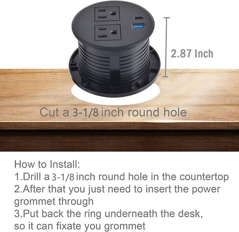 Desktop Power Grommet with PD 20W USB C Fast Charing, Desk Flush Mount Power Strip Recessed Power Grommet with 2 AC Plugs Dual USB for Office Contertop Cabinet Kitchen (Black with USB C) in Saudi Arabia