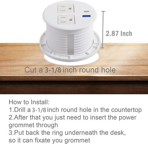 Desktop Power Grommet with PD 20W USB C Fast Charing, Desk Flush Mount Power Strip Recessed Power Grommet with 2 AC Plugs Dual USB for Office Contertop Cabinet Kitchen (Black with USB C) in Saudi Arabia