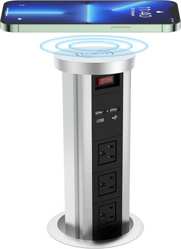 QBA Pop Up Power Outlet USB C، محطة شحن مجوفة مخرج تلقائي منبثق 4 منافذ USB وشاحن لاسلكي 15 وات، يناسب فتحة 4 بوصة، 12 منفذًا لطاولة مؤتمرات سطح المطبخ، أسود in Kuwait