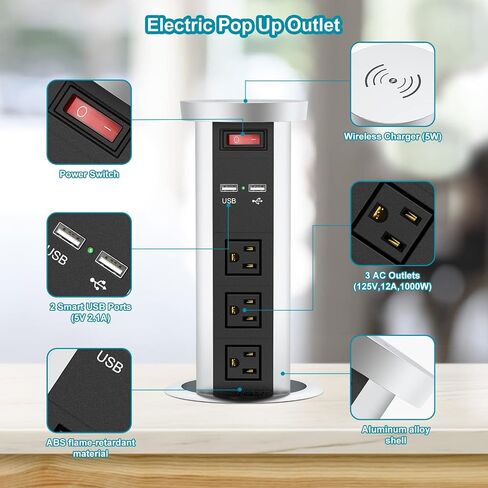QBA Pop Up Power Outlet USB C، محطة شحن مجوفة مخرج تلقائي منبثق 4 منافذ USB وشاحن لاسلكي 15 وات، يناسب فتحة 4 بوصة، 12 منفذًا لطاولة مؤتمرات سطح المطبخ، أسود in Kuwait