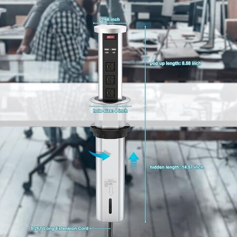 QBA Pop Up Power Outlet USB C، محطة شحن مجوفة مخرج تلقائي منبثق 4 منافذ USB وشاحن لاسلكي 15 وات، يناسب فتحة 4 بوصة، 12 منفذًا لطاولة مؤتمرات سطح المطبخ، أسود in Kuwait