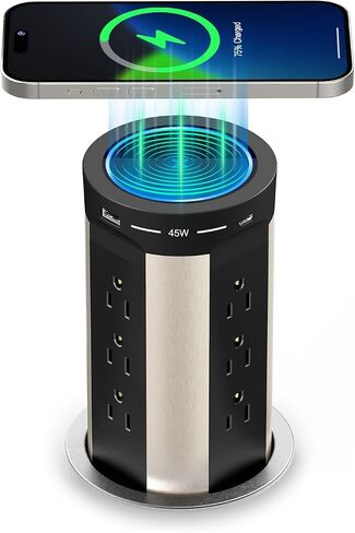 QBA Pop Up Power Outlet USB C، محطة شحن مجوفة مخرج تلقائي منبثق 4 منافذ USB وشاحن لاسلكي 15 وات، يناسب فتحة 4 بوصة، 12 منفذًا لطاولة مؤتمرات سطح المطبخ، أسود in Kuwait