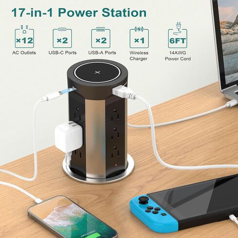 QBA Pop Up Power Outlet USB C، محطة شحن مجوفة مخرج تلقائي منبثق 4 منافذ USB وشاحن لاسلكي 15 وات، يناسب فتحة 4 بوصة، 12 منفذًا لطاولة مؤتمرات سطح المطبخ، أسود in Kuwait