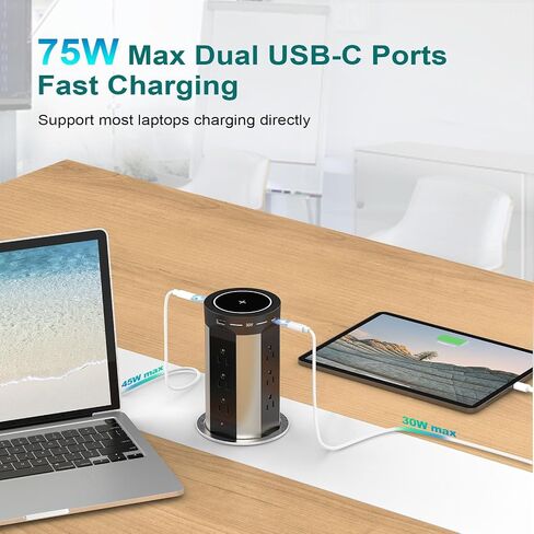 QBA Pop Up Power Outlet USB C، محطة شحن مجوفة مخرج تلقائي منبثق 4 منافذ USB وشاحن لاسلكي 15 وات، يناسب فتحة 4 بوصة، 12 منفذًا لطاولة مؤتمرات سطح المطبخ، أسود in Kuwait