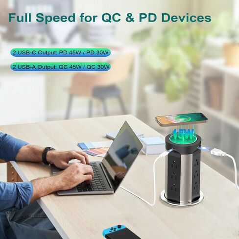 QBA Pop Up Power Outlet USB C، محطة شحن مجوفة مخرج تلقائي منبثق 4 منافذ USB وشاحن لاسلكي 15 وات، يناسب فتحة 4 بوصة، 12 منفذًا لطاولة مؤتمرات سطح المطبخ، أسود in Kuwait