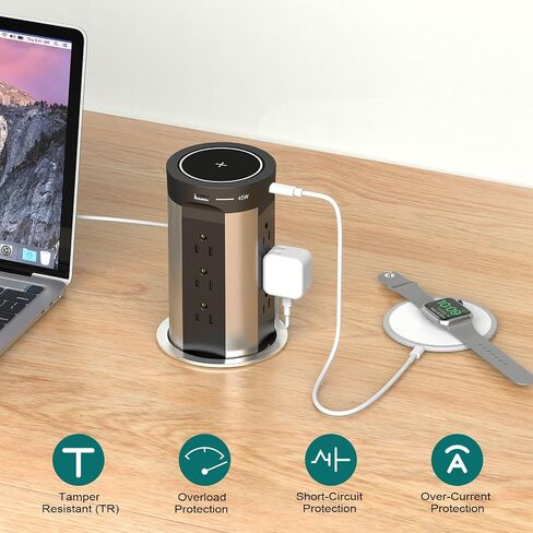 QBA Pop Up Power Outlet USB C، محطة شحن مجوفة مخرج تلقائي منبثق 4 منافذ USB وشاحن لاسلكي 15 وات، يناسب فتحة 4 بوصة، 12 منفذًا لطاولة مؤتمرات سطح المطبخ، أسود in Kuwait