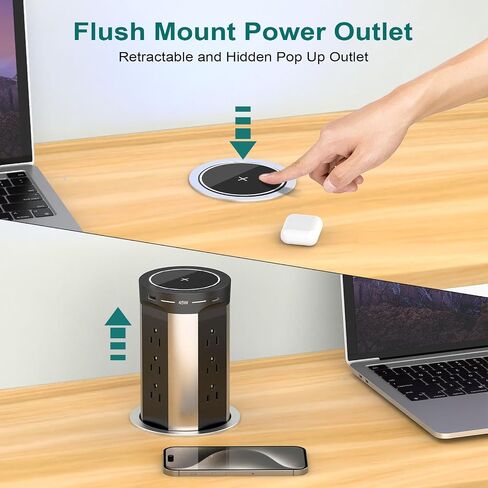 QBA Pop Up Power Outlet USB C، محطة شحن مجوفة مخرج تلقائي منبثق 4 منافذ USB وشاحن لاسلكي 15 وات، يناسب فتحة 4 بوصة، 12 منفذًا لطاولة مؤتمرات سطح المطبخ، أسود in Kuwait