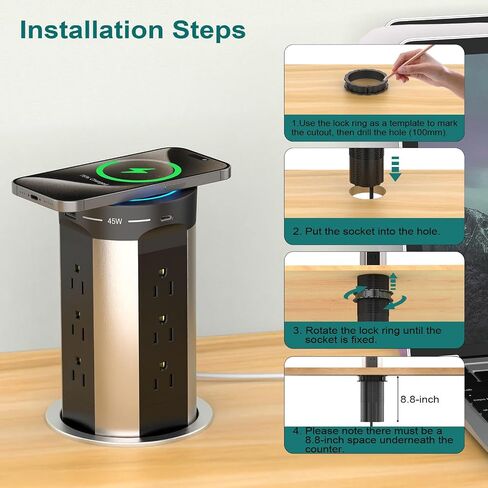 QBA Pop Up Power Outlet USB C، محطة شحن مجوفة مخرج تلقائي منبثق 4 منافذ USB وشاحن لاسلكي 15 وات، يناسب فتحة 4 بوصة، 12 منفذًا لطاولة مؤتمرات سطح المطبخ، أسود in Kuwait