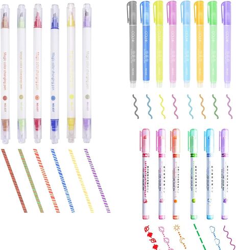 20 قطعة من أقلام التحديد، 8 أقلام تحديد مزدوجة الخط، علامات معدنية، 6 أقلام تلوين سحرية متغيرة، 6 أقلام منحنية ملونة قلم خطي لتدوين الملاحظات وبطاقة اللوازم in Kuwait