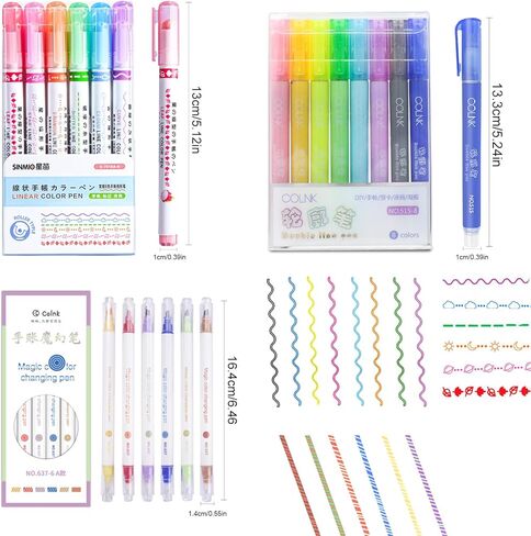 20 قطعة من أقلام التحديد، 8 أقلام تحديد مزدوجة الخط، علامات معدنية، 6 أقلام تلوين سحرية متغيرة، 6 أقلام منحنية ملونة قلم خطي لتدوين الملاحظات وبطاقة اللوازم in Kuwait