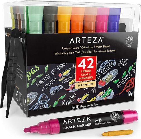 ARTEZA Liquid Chalk Markers, 42 Colors Pack with 50 Chalkboard Labels, Fine Tip Chalk Pens for Blackboard, Whiteboard, Windows, Mirrors, Glass in Saudi Arabia