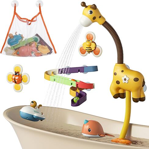 TUMAMA Baby Bath Toy,Bathtub Toys with Giraffe Shower Head,Suction Spinner Toys,Wind-Up Toys,Splicing Slides,Spray Squirt Shower Faucet and Water Pump Summer Essentials for Kids Toddlers Infants in Saudi Arabia