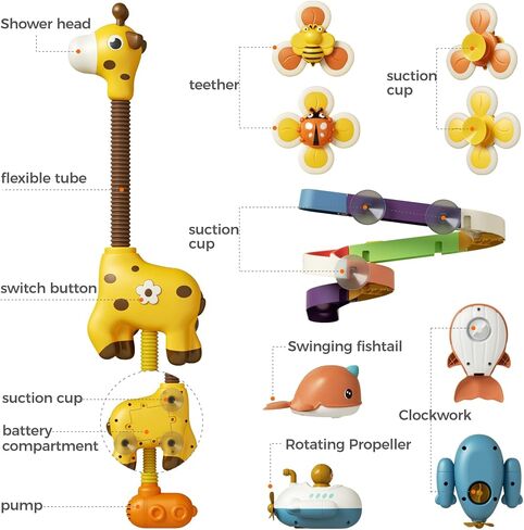 TUMAMA Baby Bath Toy,Bathtub Toys with Giraffe Shower Head,Suction Spinner Toys,Wind-Up Toys,Splicing Slides,Spray Squirt Shower Faucet and Water Pump Summer Essentials for Kids Toddlers Infants in Saudi Arabia