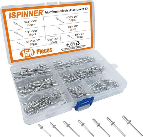 ISPINNER 150 قطعة 7 مقاسات من المسامير العمياء المصنوعة من الألومنيوم، مجموعة متنوعة من المسامير البوب ​​3/32 بوصة، 1/8 بوصة، 5/32 بوصة (فضي) in Kuwait