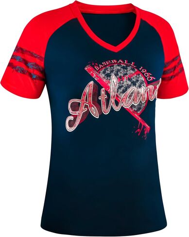 تي شيرت نسائي رياضي عتيق برقبة على شكل حرف V من City Baseball Fans - أزرق داكن وأحمر in Kuwait