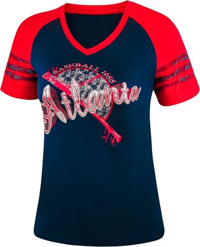 تي شيرت نسائي رياضي عتيق برقبة على شكل حرف V من City Baseball Fans - أزرق داكن وأحمر in Kuwait