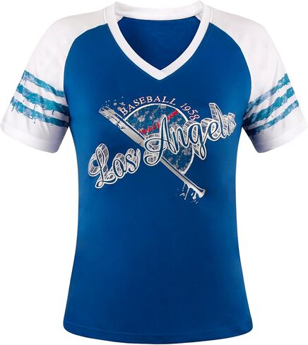 تي شيرت نسائي رياضي عتيق برقبة على شكل حرف V من City Baseball Fans - أزرق داكن وأحمر in Kuwait