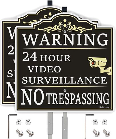 (2Pack) Large Video Surveillance Sign, No Trespassing Warning Sign, With 36" Long Stake 12 x 12 Inches 40Mil Thick Aluminum sign, CCTV Security Camera Signs Weatherproof and Fade in Saudi Arabia