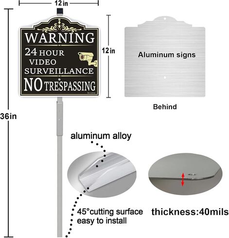 (2Pack) Large Video Surveillance Sign, No Trespassing Warning Sign, With 36" Long Stake 12 x 12 Inches 40Mil Thick Aluminum sign, CCTV Security Camera Signs Weatherproof and Fade in Saudi Arabia