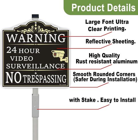 (2Pack) Large Video Surveillance Sign, No Trespassing Warning Sign, With 36" Long Stake 12 x 12 Inches 40Mil Thick Aluminum sign, CCTV Security Camera Signs Weatherproof and Fade in Saudi Arabia