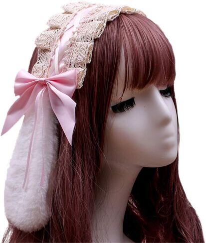 Furry Bunny Rabbit Ears Clips Bowknot Lolita Maid Lace Headband Accessory (Light Pink) in Saudi Arabia
