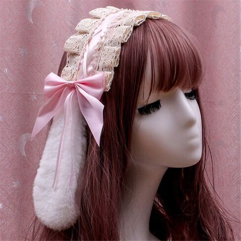 Furry Bunny Rabbit Ears Clips Bowknot Lolita Maid Lace Headband Accessory (Light Pink) in Saudi Arabia