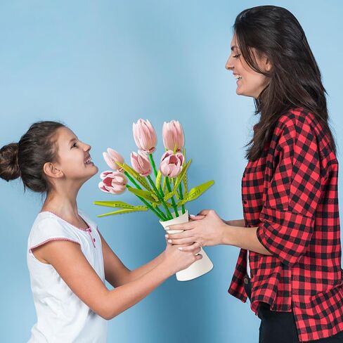 مجموعة ألعاب بناء باقة الزهور زهور التوليب الاصطناعية، مكعبات بناء نباتية للبالغين ديكور مكتب منزلي متوافق مع لون ليغو الوردي in Kuwait