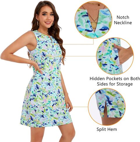 Lightbare Womens UPF 50+ Casual Sundress Sleeveless Tank Dress Notch Neck Summer Floral Dresses with Pockets Loose Fit in Saudi Arabia