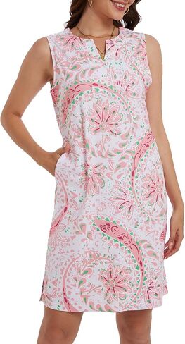 Lightbare Womens UPF 50+ Casual Sundress Sleeveless Tank Dress Notch Neck Summer Floral Dresses with Pockets Loose Fit in Saudi Arabia