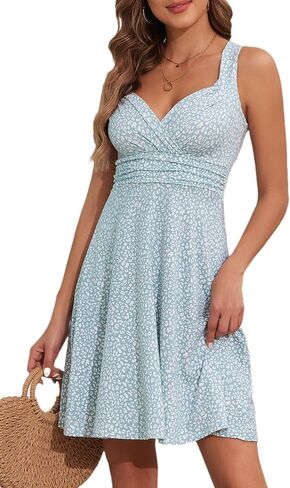 Women's Sundress V-Neck Sleeveless Wrap Solid/Floral Dress A-Line Summer Casual Beach Vacation Mini Tank Dress in Saudi Arabia