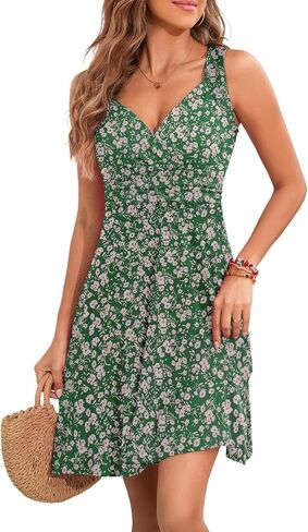 Women's Sundress V-Neck Sleeveless Wrap Solid/Floral Dress A-Line Summer Casual Beach Vacation Mini Tank Dress in Saudi Arabia