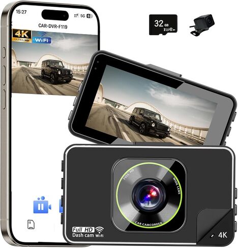 كاميرا قياس السيارة، تسجيل فيديو أمامي 4K بزاوية 170 درجة، كاميرا خلفية بدقة 1080 بكسل عالية الدقة، شاشة 3 بوصة، اتصال واي فاي، كاميرا سيارة، كاميرا أمامية وخلفية، (بطاقة ذاكرة عالية السرعة 32 جيجا متضمنة) in Kuwait