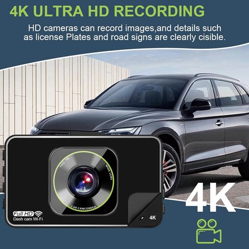 كاميرا قياس السيارة، تسجيل فيديو أمامي 4K بزاوية 170 درجة، كاميرا خلفية بدقة 1080 بكسل عالية الدقة، شاشة 3 بوصة، اتصال واي فاي، كاميرا سيارة، كاميرا أمامية وخلفية، (بطاقة ذاكرة عالية السرعة 32 جيجا متضمنة) in Kuwait