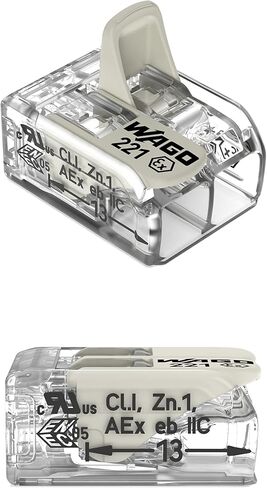 221-682 | WAGO 221 Series Lever-Nuts® للمواقع الخطرة | 2-موصل الربط موصل | 20 - 10 ايه دبليو جي | غلاف شفاف، أذرع تشغيل بيضاء | [صندوق 50 قطعة] in Kuwait