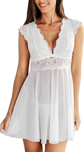 CUPSHE Women's Lingerie Sexy V Neck Sleeveless Nightgown Lace Mesh Nighwear Dress in Saudi Arabia