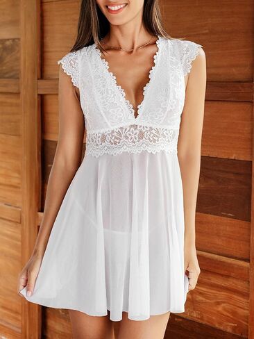 CUPSHE Women's Lingerie Sexy V Neck Sleeveless Nightgown Lace Mesh Nighwear Dress in Saudi Arabia