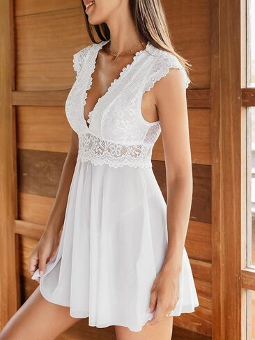 CUPSHE Women's Lingerie Sexy V Neck Sleeveless Nightgown Lace Mesh Nighwear Dress in Saudi Arabia