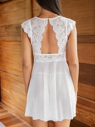CUPSHE Women's Lingerie Sexy V Neck Sleeveless Nightgown Lace Mesh Nighwear Dress in Saudi Arabia